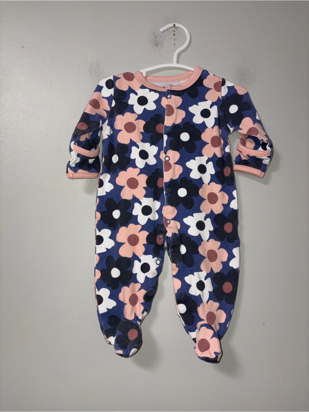 Mamas & Papas Navy White Pink Floral Snap Footie Sleeper Girls 0-3M